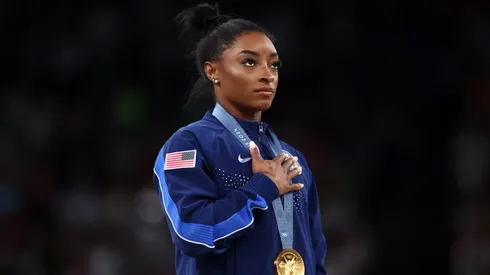 Gold medalist Simone Biles of Team United States on the podium during the medal ceremony for the Artistic Gymnastics Women's Vault Final.