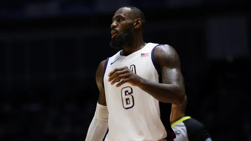 LeBron James of The United States looks on during the 2024 USA Basketball Showcase match between USA and Germany at The O2 Arena on July 22, 2024 in London, England.