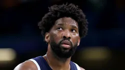 Joel Embiid #11 of Team United States looks on during a Men's basketball group phase-group C game between the United States and Puerto Rico on day eight of the Olympic Games Paris 2024 at Stade Pierre Mauroy on August 03, 2024 in Lille, France.