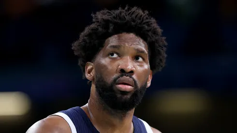 Joel Embiid #11 of Team United States looks on during a Men's basketball group phase-group C game between the United States and Puerto Rico on day eight of the Olympic Games Paris 2024 at Stade Pierre Mauroy on August 03, 2024 in Lille, France.