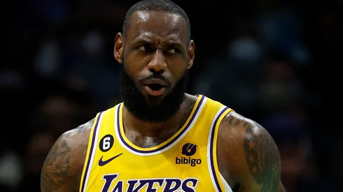 LeBron James #6 of the Los Angeles Lakers reacts following a dunk during the second half of the game against the Charlotte Hornets at Spectrum Center on January 02, 2023 in Charlotte, North Carolina.