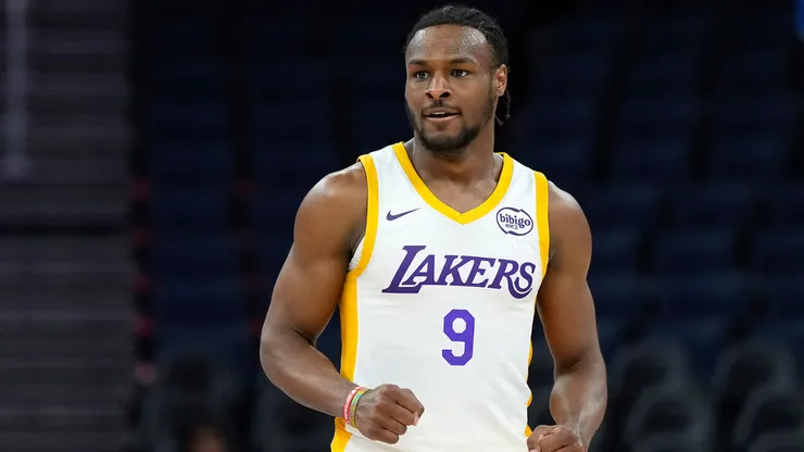 Bronny James Jr. #9 of the Los Angeles Lakers reacts after a teammate scored and was fouled on the shot against the Miami Heat during the second half of the 2024 California Classic.
