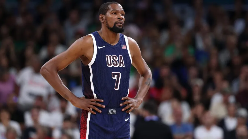 Kevin Durant #7 of Team United States looks on during a Men's basketball group phase-group C game between the United States and Puerto Rico.