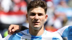 Julian Alvarez #9 of Team Argentina sings the national anthem prior to the Men's group B match between Argentina and Iraq during the Olympic Games Paris 2024.