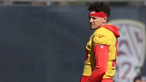 Patrick Mahomes #15 of the Kansas City Chiefs participates in practice prior to Super Bowl LVII at Arizona State University on February 08, 2023 in Tempe, Arizona. The Kansas City Chiefs play the Philadelphia Eagles in Super Bowl LVII on February 12, 2023 at State Farm Stadium.