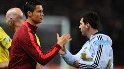 Cristiano Ronaldo of Portugal shakes hands with Lionel Messi of Argentina prior to the International Friendly between Argentina and Portugal at Old Trafford on November 18, 2014 in Manchester, England.