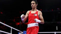 Imane Khelif of Team Algeria looks on after Angela Carini of Team Italy abandons their Women's 66kg preliminary round match.