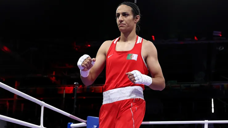 Imane Khelif of Team Algeria looks on after Angela Carini of Team Italy abandons their Women's 66kg preliminary round match.