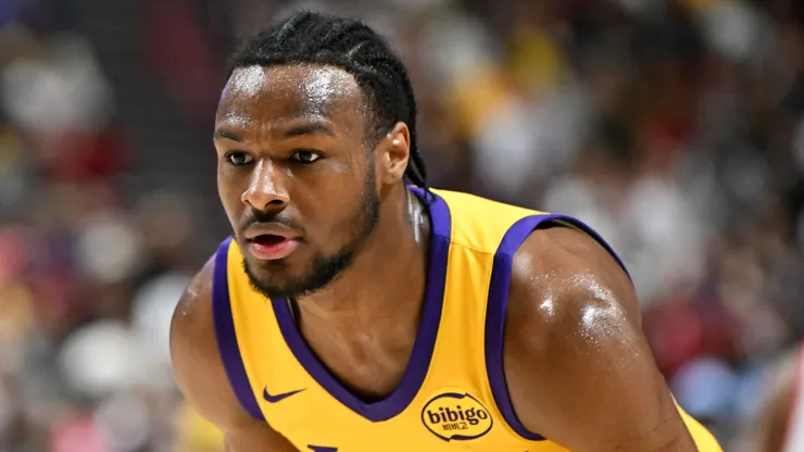 Bronny James Jr. #9 of the Los Angeles Lakers looks on against the Houston Rockets in the first half of a 2024 NBA Summer League game.
