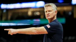 USA head coach Steve Kerr gestures during the second half of an exhibition game between the United States and Australia ahead of the Paris Olympic Games at Etihad Arena on July 15, 2024 in Abu Dhabi, United Arab Emirates.