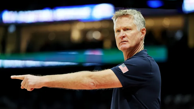 USA head coach Steve Kerr gestures during the second half of an exhibition game between the United States and Australia ahead of the Paris Olympic Games at Etihad Arena on July 15, 2024 in Abu Dhabi, United Arab Emirates.