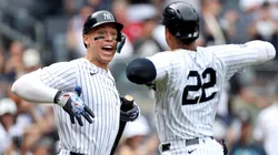(L-R) Aaron Judge #99 and Juan Soto #22 of the New York Yankees react after a two-run home run against the Cincinnati Reds during the seventh inning at Yankee Stadium on July 04, 2024 in the Bronx borough of New York City.