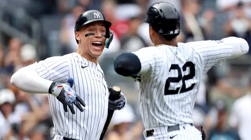 (L-R) Aaron Judge #99 and Juan Soto #22 of the New York Yankees react after a two-run home run against the Cincinnati Reds during the seventh inning at Yankee Stadium on July 04, 2024 in the Bronx borough of New York City.