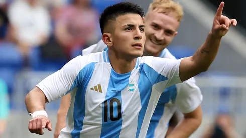 Thiago Almada #10 of Team Argentina celebrates scoring his team's first goal during the Men's group B match between Ukraine and Argentina during the Olympic Games Paris 2024 at Stade de Lyon on July 30, 2024 in Lyon, France.