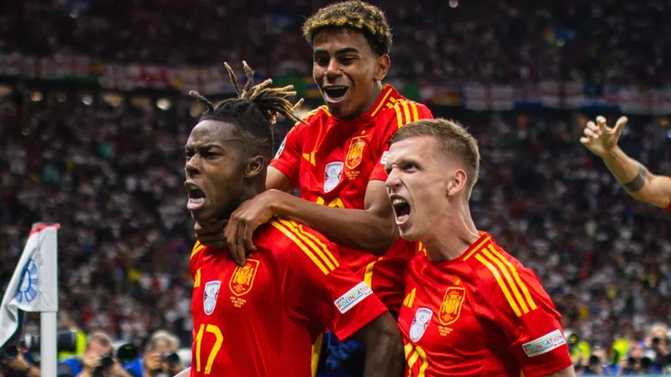 Nico Williams, Lamine Yamal, Dani Olmo seen celebrating after scored goal during UEFA EURO 2024.