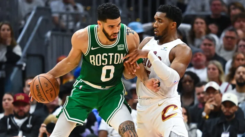 Jayson Tatum #0 of the Boston Celtics drives to the basket against Donovan Mitchell #45 of the Cleveland Cavaliers during the fourth quarter in Game Three of the Eastern Conference Second Round Playoffs at Rocket Mortgage Fieldhouse on May 11, 2024 in Cleveland, Ohio.