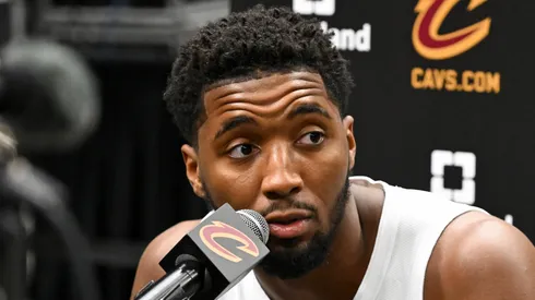 Donovan Mitchell #45 of the Cleveland Cavaliers speaks to the media during Cleveland Cavaliers Media Day at Rocket Mortgage Fieldhouse on September 30, 2024 in Cleveland, Ohio.