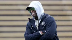 Head coach Deion Sanders of the Colorado Buffaloes watches as his team warms-up prior to their spring game at Folsom Field on April 27, 2024 in Boulder, Colorado.