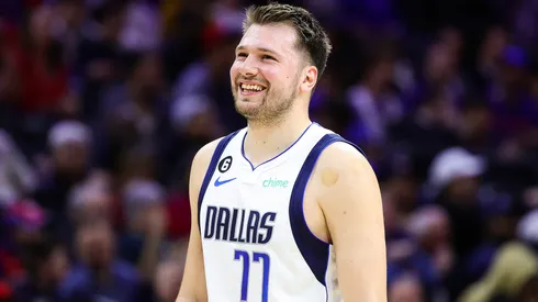 Luka Doncic #77 of the Dallas Mavericks reacts during the first quarter against the Philadelphia 76ers