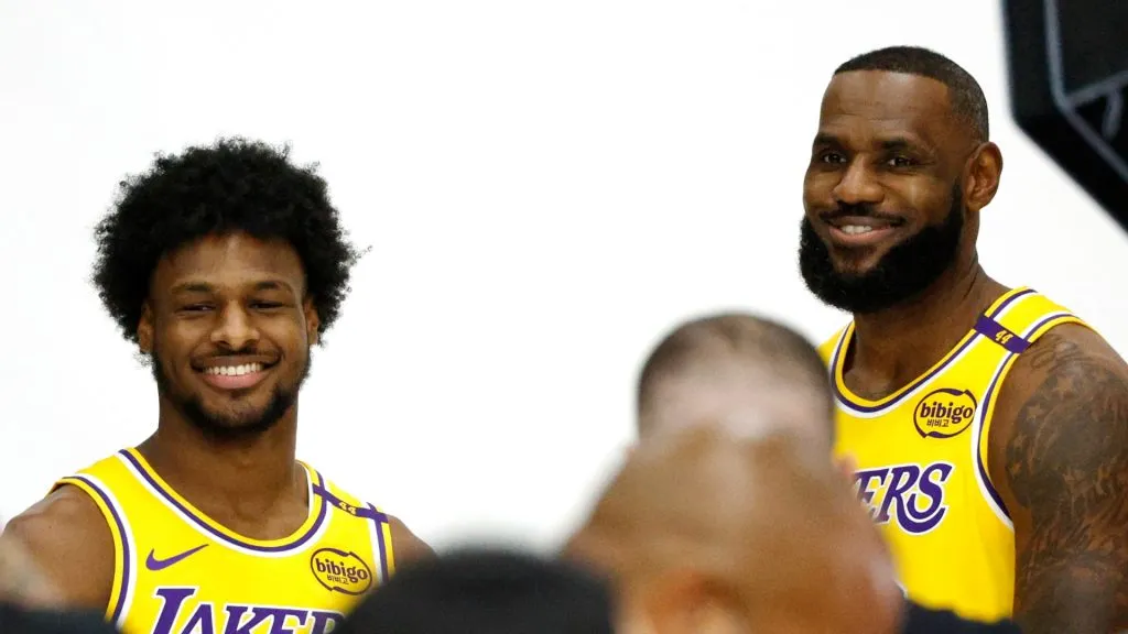 LeBron James #23 of the Los Angeles Lakers and his son Bronny James Jr. #9 attend a Los Angeles Lakers media day at UCLA Health Training Center on September 30, 2024 in El Segundo, California.
