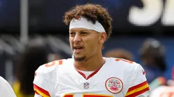 Patrick Mahomes #15 of the Kansas City Chiefs reacts prior to a game against the Los Angeles Chargers at SoFi Stadium on September 29, 2024 in Inglewood, California.