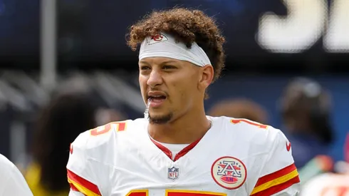 Patrick Mahomes #15 of the Kansas City Chiefs reacts prior to a game against the Los Angeles Chargers at SoFi Stadium on September 29, 2024 in Inglewood, California.