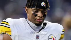 Justin Fields (2) of the Pittsburgh Steelers reacts to a loss against the Atlanta Falcons at Lucas Oil Stadium on September 29, 2024 in Indianapolis, Indiana.