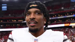 Jayden Daniels #5 of the Washington Commanders reacts after defeating the Arizona Cardinals 42-14 at State Farm Stadium on September 29, 2024 in Glendale, Arizona.