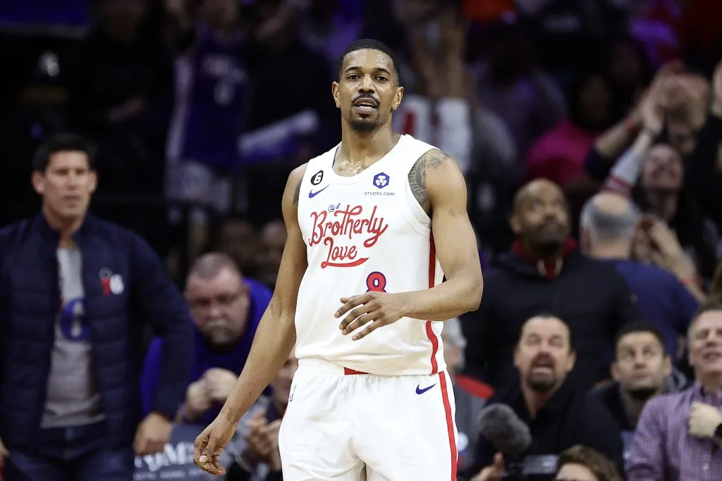 De’Anthony Melton #8 of the Philadelphia 76ers looks on during the fourth quarter against the Chicago Bulls. Tim Nwachukwu/Getty Images
