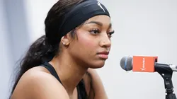 Angel Reese #5 of the Chicago Sky talks to the media before the game against the Indiana Fever at Wintrust Arena on August 30, 2024 in Chicago, Illinois.