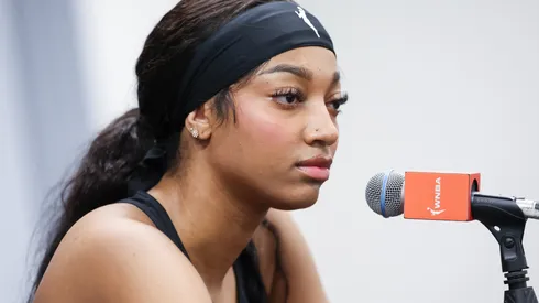 Angel Reese #5 of the Chicago Sky talks to the media before the game against the Indiana Fever at Wintrust Arena on August 30, 2024 in Chicago, Illinois.