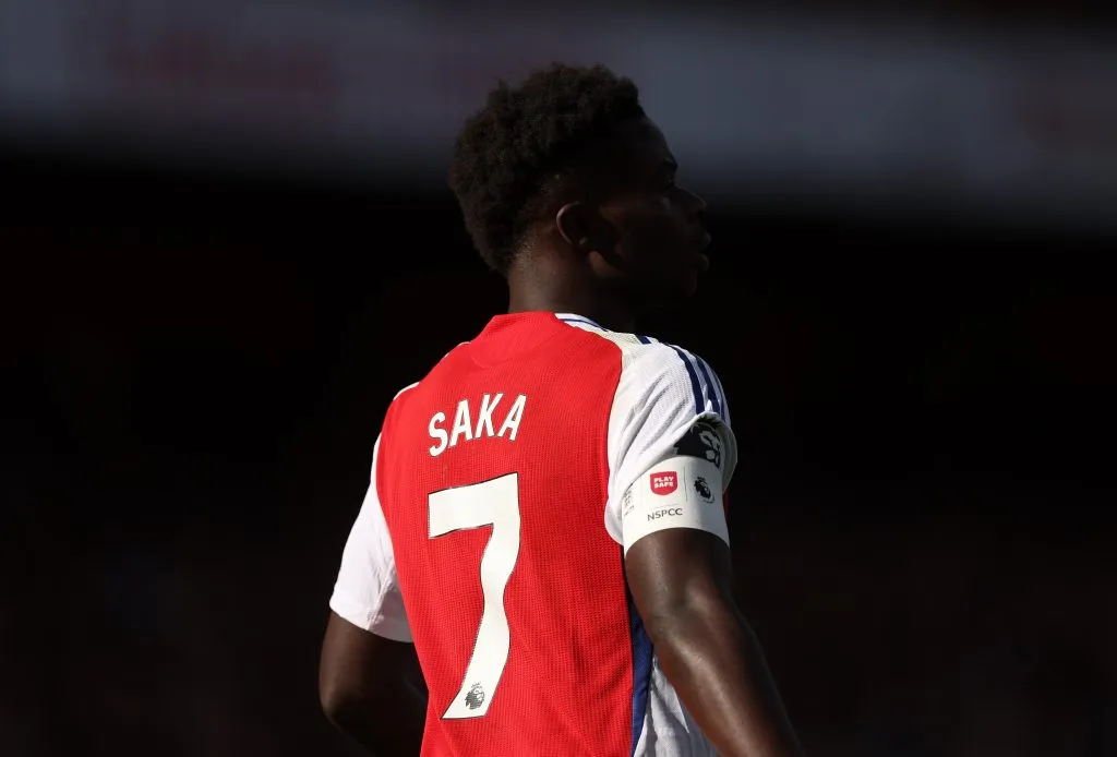 The ‘Play Safe’ Premier League captain’s armband, seen worn on the arm of Bukayo Saka of Arsenal. Julian Finney/Getty Images