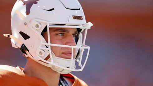 Arch Manning #16 of the Texas Longhorns warms up before the game against the Mississippi State Bulldogs at Darrell K Royal-Texas Memorial Stadium on September 28, 2024 in Austin, Texas.