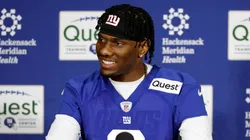 Wide receiver Malik Nabers speaks to the media during New York Giants Rookie Minicamp at Quest Diagnostics Training Center on May 10, 2024 in East Rutherford, New Jersey.