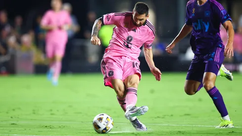 Lionel Messi #10 of Inter Miami kicks the ball against the Charlotte FC during the first half of the game at Chase Stadium on September 28, 2024 in Fort Lauderdale, Florida.