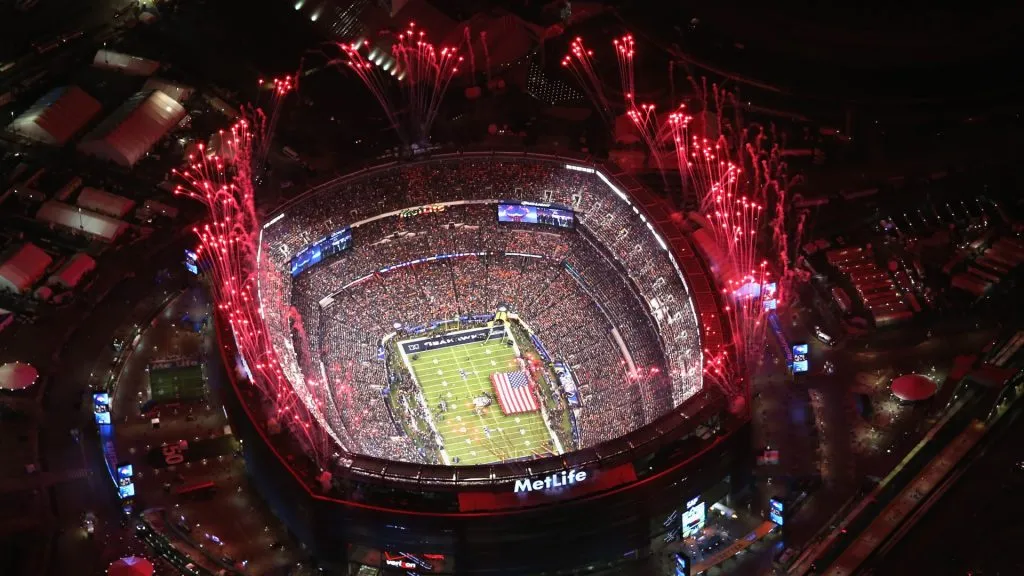 Fireworks erupt over Metlife Stadium, host for FIFA Club World Cup 2025, ahead of Super Bowl XLVIII between the Seattle Seahawks and the Denver Broncos on February 2, 2014 in East Rutherford, New Jersey.