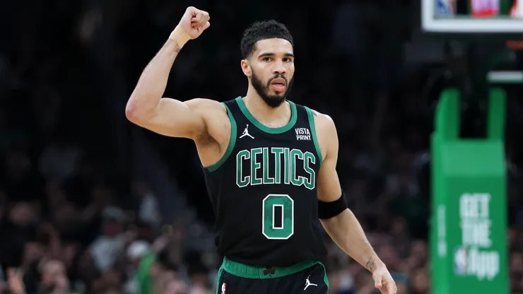 Jayson Tatum #0 of the Boston Celtics celebrates during the first quarter against the Cleveland Cavaliers