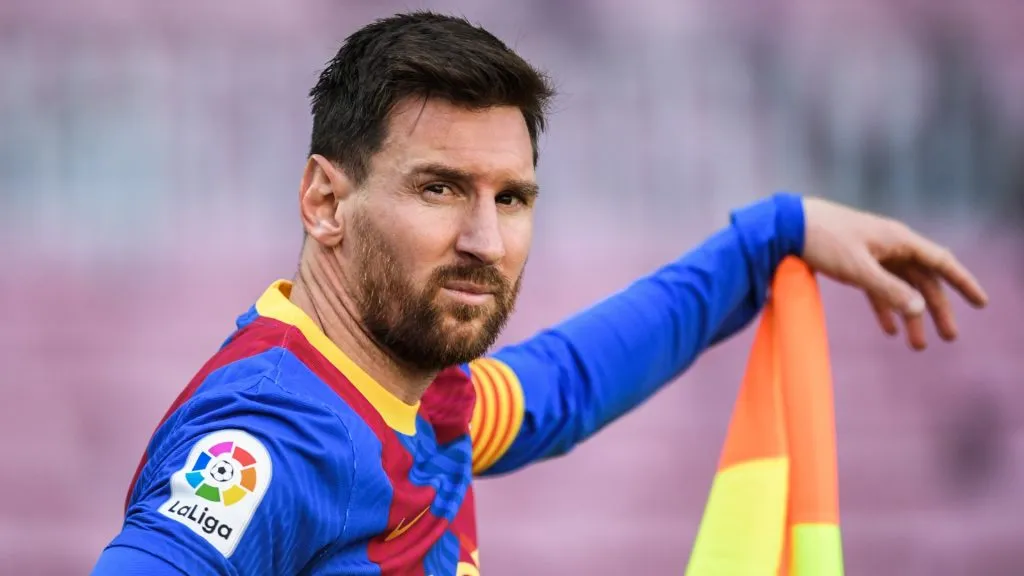 Lionel Messi of FC Barcelona looks on during the La Liga Santander match between FC Barcelona and Atletico de Madrid at Camp Nou on May 08, 2021 in Barcelona, Spain.