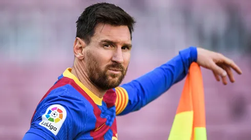 Lionel Messi of FC Barcelona looks on during the La Liga Santander match between FC Barcelona and Atletico de Madrid at Camp Nou on May 08, 2021 in Barcelona, Spain.