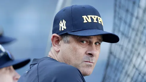 Manager Aaron Boone #17 of the New York Yankees looks on during batting practice before a game against the Kansas City Royals at Yankee Stadium on September 11, 2024 in New York City. (Photo by Jim McIsaac/Getty Images)