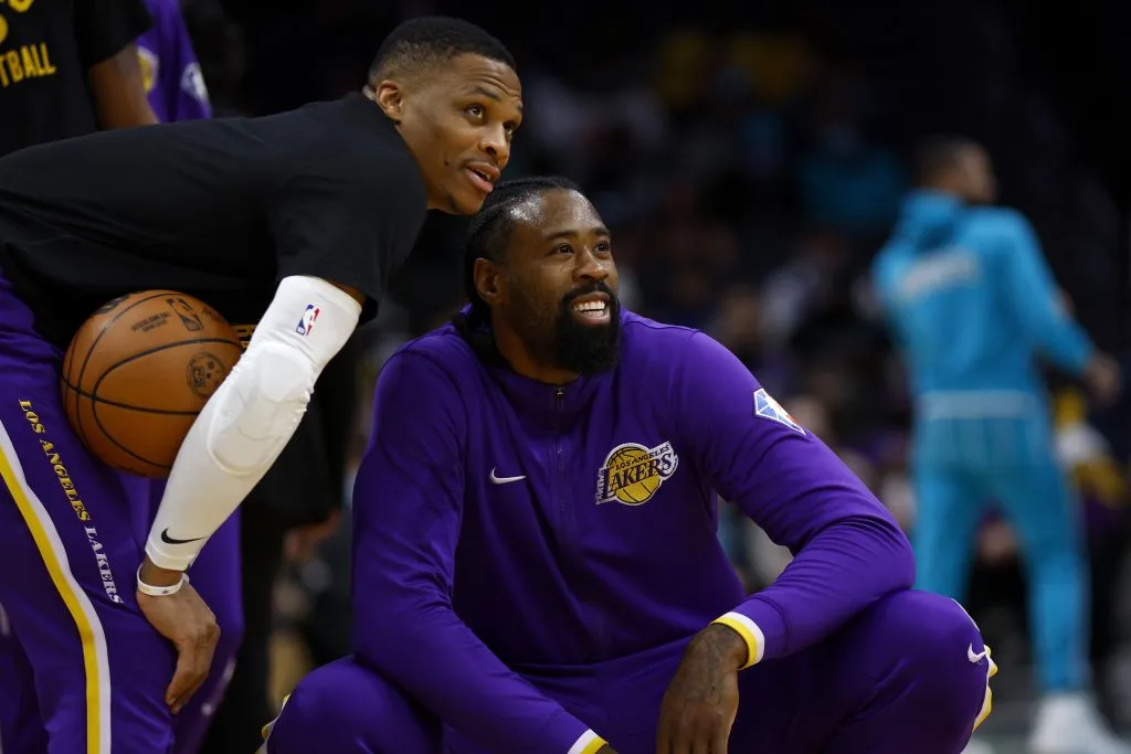Russell Westbrook #0 and DeAndre Jordan #10 of the Los Angeles Lakers look on prior to the first half of the game against the Charlotte Hornets. Jared C. Tilton/Getty Images