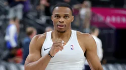 Russell Westbrook #0 of the Los Angeles Lakers shoots baskets before a preseason game