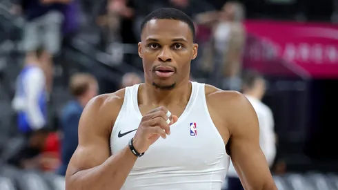 Russell Westbrook #0 of the Los Angeles Lakers shoots baskets before a preseason game