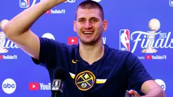 Nikola Jokic #15 of the Denver Nuggets speaks with media after a 94-89 victory against the Miami Heat in Game Five of the 2023 NBA Finals to win the NBA Championship at Ball Arena on June 12, 2023 in Denver, Colorado.