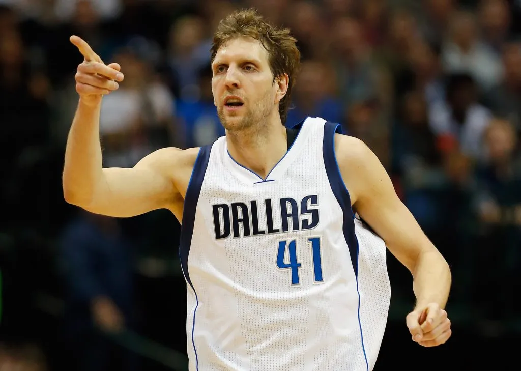 Dirk Nowitzki #41 of the Dallas Mavericks reacts as the Mavericks take on the Memphis Grizzlies. Tom Pennington/Getty Images