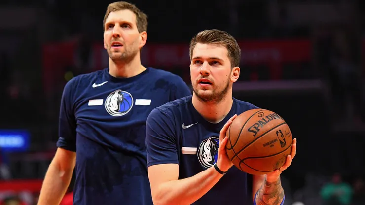 Dirk Nowitzki and Luka Doncic warm up before a NBA game between the Dallas Mavericks and the Los Angeles Clippers