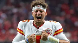 Patrick Mahomes #15 of the Kansas City Chiefs reacts prior to the game against the Atlanta Falcons at Mercedes-Benz Stadium on September 22, 2024 in Atlanta, Georgia.