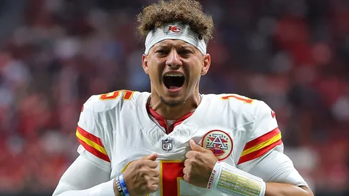 Patrick Mahomes #15 of the Kansas City Chiefs reacts prior to the game against the Atlanta Falcons at Mercedes-Benz Stadium on September 22, 2024 in Atlanta, Georgia.