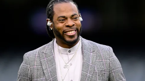 Former NFL player and Thursday Night Football broadcaster Richard Sherman looks on before the game between the Chicago Bears and the Washington Commanders at Soldier Field on October 13, 2022 in Chicago, Illinois.