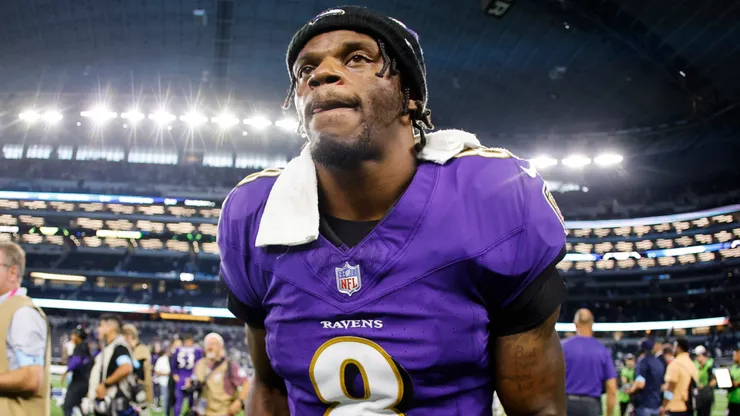 Quarterback Lamar Jackson #8 of the Baltimore Ravens leaves the field after a win against the Dallas Cowboys at AT&T Stadium on September 22, 2024 in Arlington, Texas.